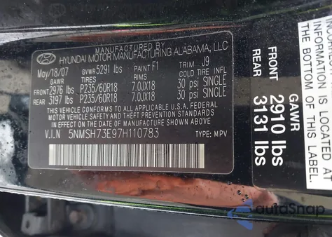 2007 Hyundai Santa Fe Limited/Se z USA, uszkodzony, nr VIN 5NMSH73E97H110783